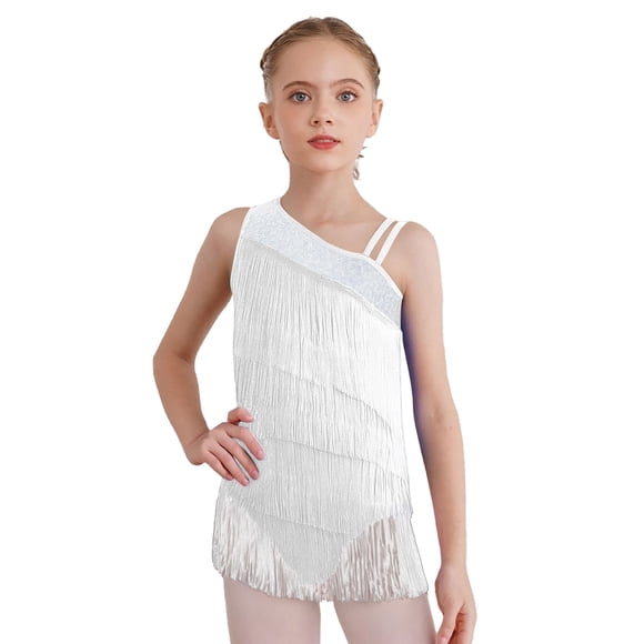 vastwit Girls Fringed Latin Dance Dress Tassel Jazz Tango Performance Leotard Gymnastics Bodysuit White 14