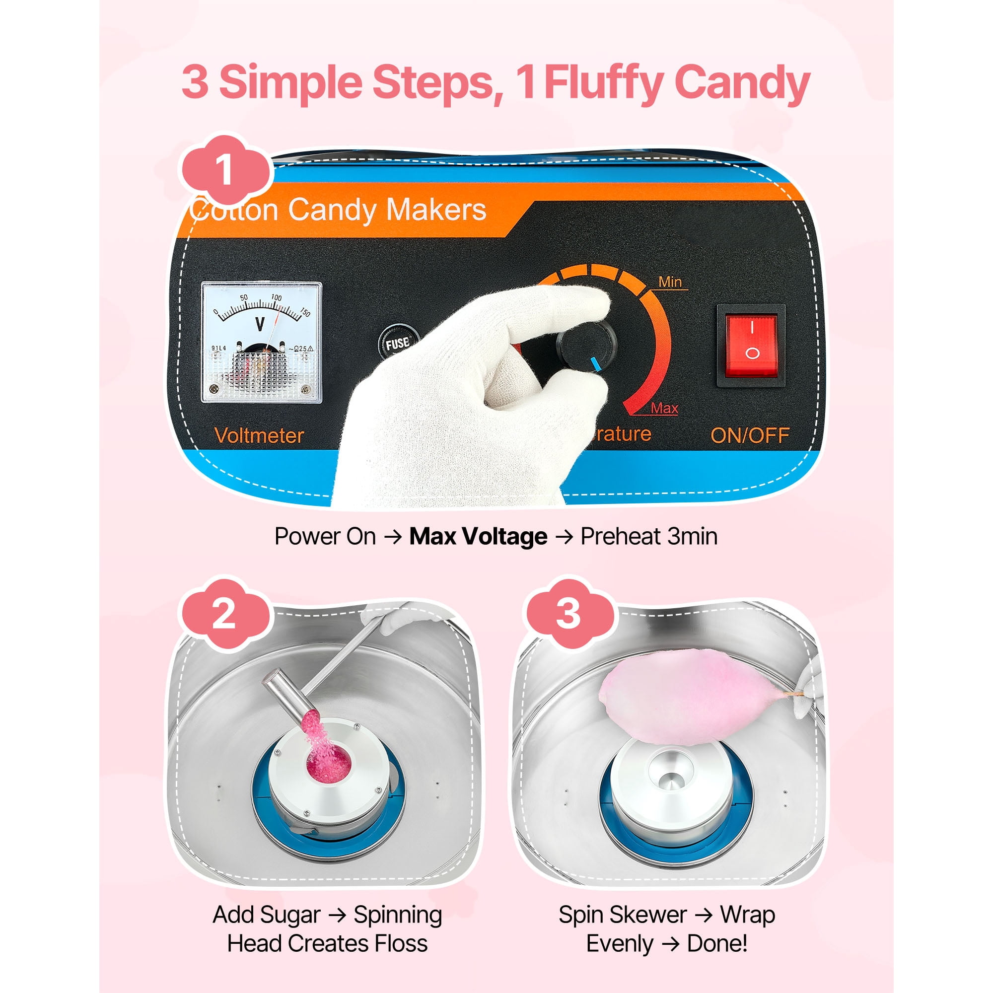 KFFKFF Commercial Cotton Candy Machine, 1000W Electric Floss Maker with 15-Inch Stainless Steel Bowl and Sugar Scoop, Ideal for Hard Candy Creations at Home, Kids' Birthdays, and Family Gatherings