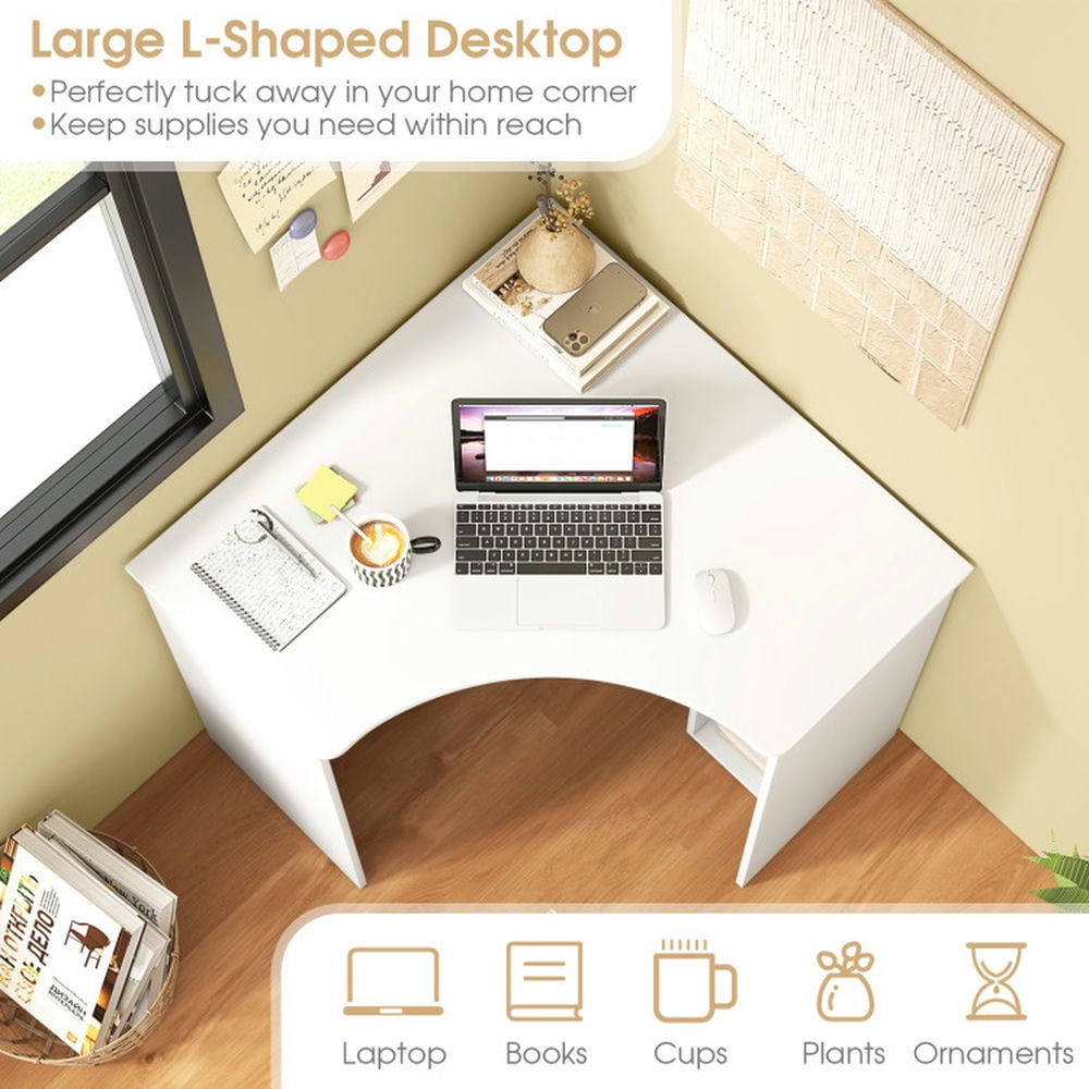Demi Bonn Corner Computer Desk Triangle Home Office Desk with Adjustable Shelf and Arc-Shaped Profile, White