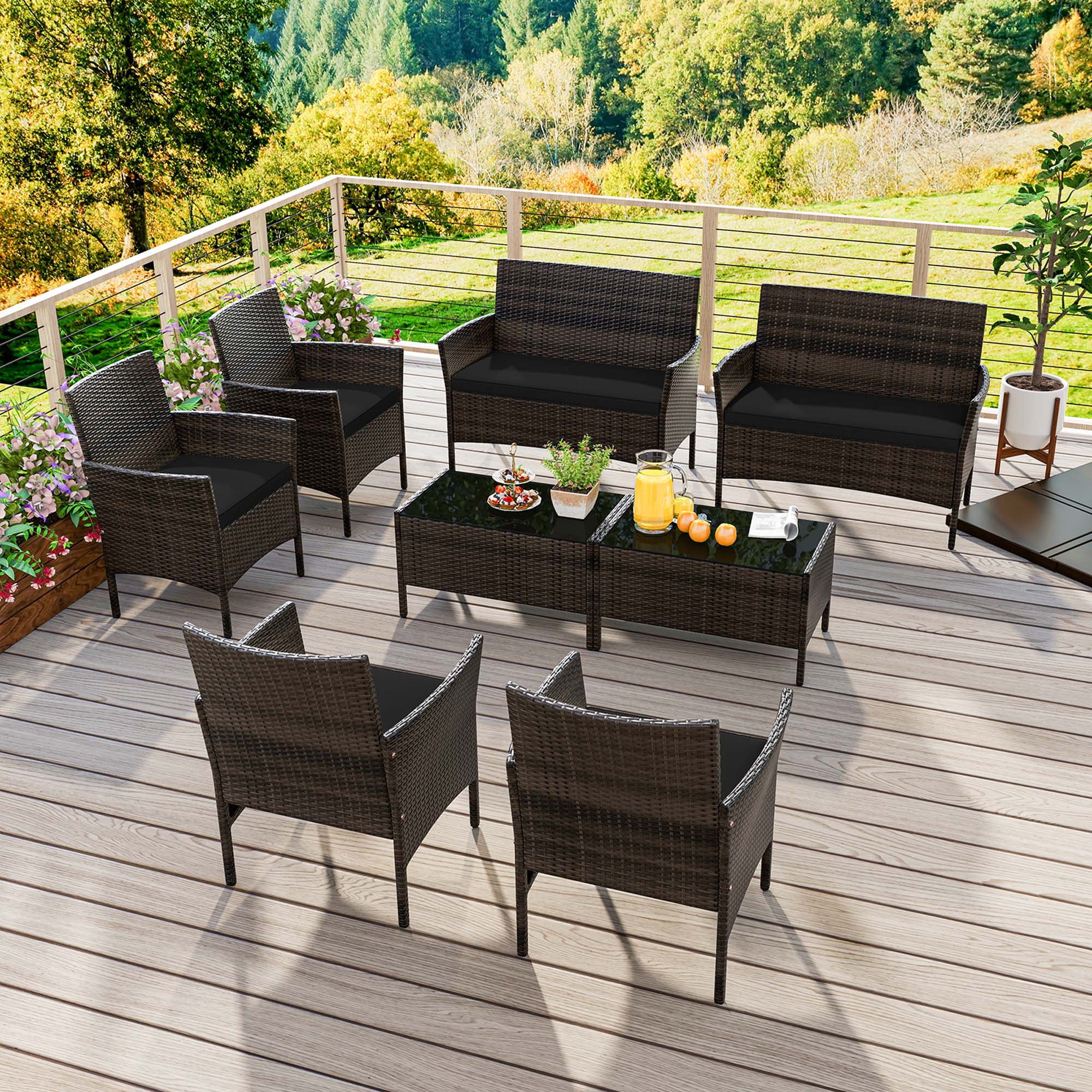 Costway 8 PCS Patio Furniture Set with Washable Cushions and Tempered Glass Coffee Table Black