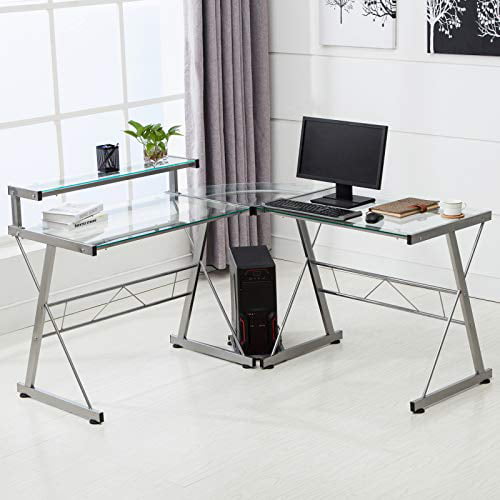 Mecor L Shaped Corner Computer Desk With Shelf Glass Laptop Home Office Furniture Glass
