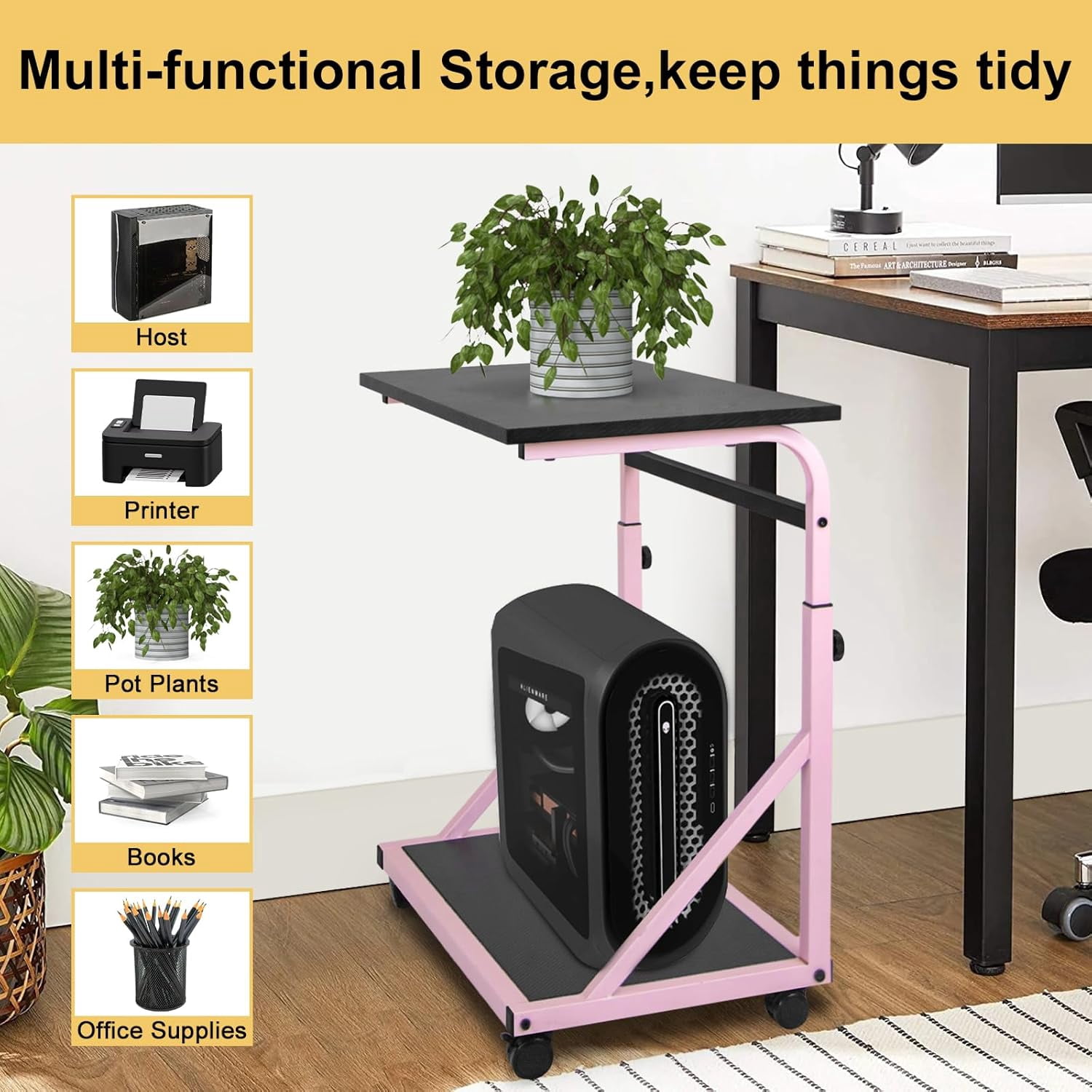 Computer Tower Stand, 2-Tier CPU Stand with Lockable Wheels, Adjustable Height PC Stand for Floor, Mobile PC Laptop Standing Table for Home Office (Black)