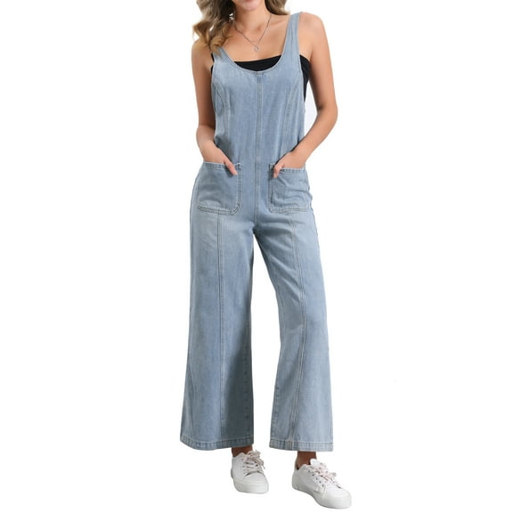 INSPIRE CHIC Women's Casual Denim Jumpsuit Adjustable Strap Wide Leg Pants Overalls XS Light Blue