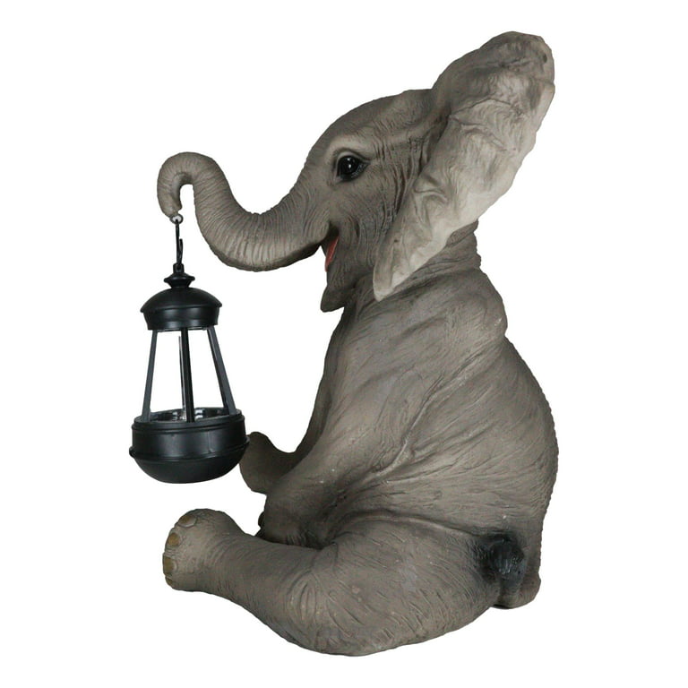 Ebros Pachy Elephant Garden Patio Figurine W/ Solar LED Lantern Lamp  13.75\