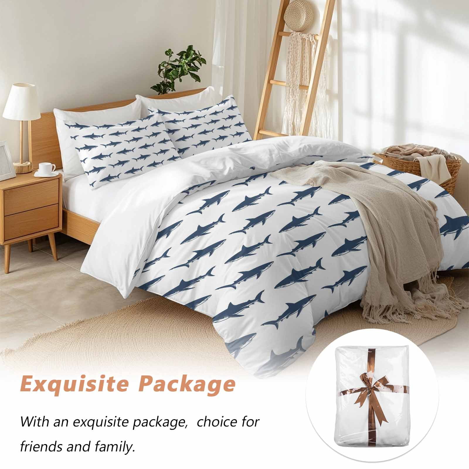 Blue Coastal Shark Bedding 3 Piece Duvet Cover Set Twin Size, Ocean Sea Nautical Soft Microfiber Comforter Cover with Zipper Closure & Pillowcases, Wrinkle & FadeResistant Quilt Cover