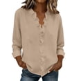 thumbnail image 2 of Craaazy Women's Relaxed Fit V Neck Blouse, Solid Color Long Sleeve Ruffle Accent Top, Loose Comfy Cotton Linen Tee for Work & Daily Wear Gifts, 2 of 6