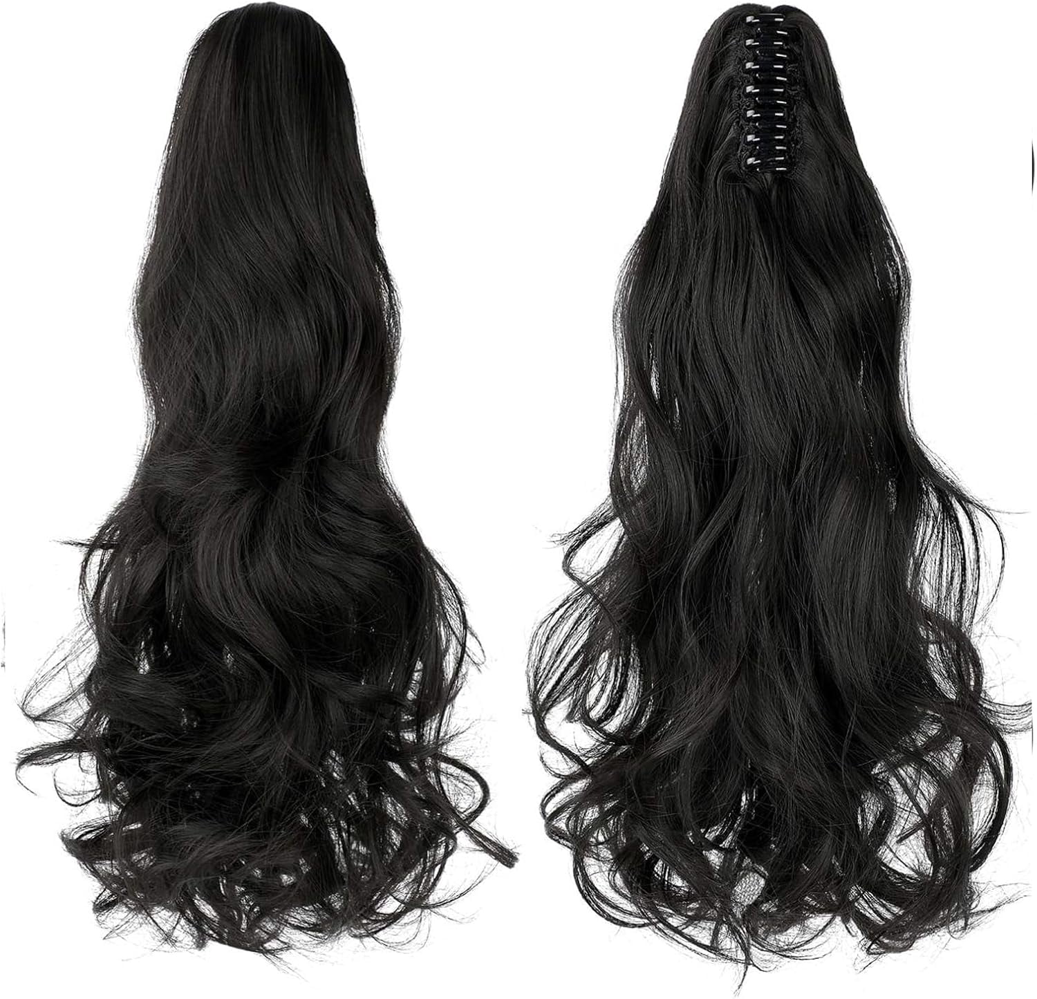 Aorsher Clip in Ponytail Extension, 24 Inch Long Curly Wavy Black Ponytail Natural Wavy Synthetic Hairpiece Pony Tails Hair Extension for Women Daily Use