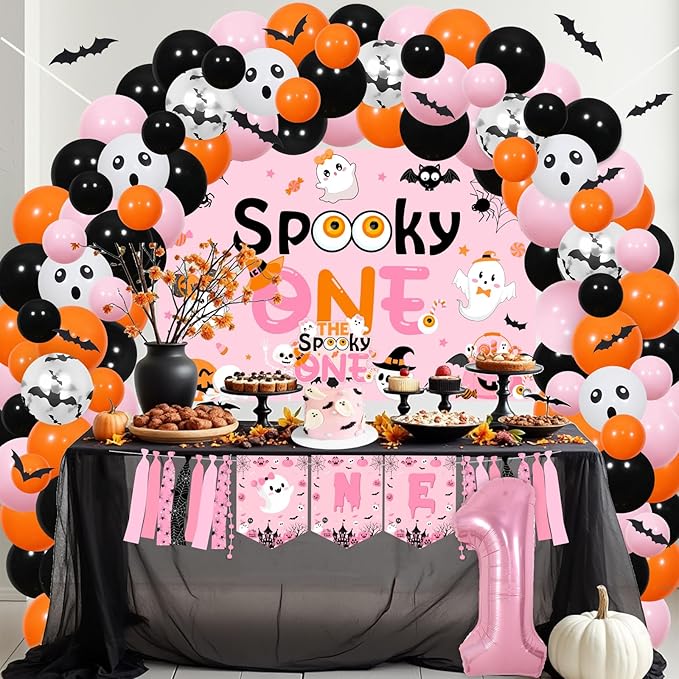 Halloween 1st Birthday Party Decorations Girl - Pink Orange Halloween Balloons Garland Arch Kit with Spooky One Birthday Backdrop, Cake Topper, High Chair Banner, Bat Wall Stickers