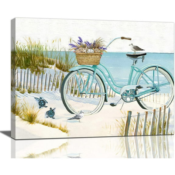 Beach Bicycle Pictures Wall Art Ocean Coastal Nautical Bathroom Decor Turtle Bike Lavender Seashell Canvas Paiting Teal Beach Framed Artwork for Bathroom Bedroom Living Room 16 X 12 in