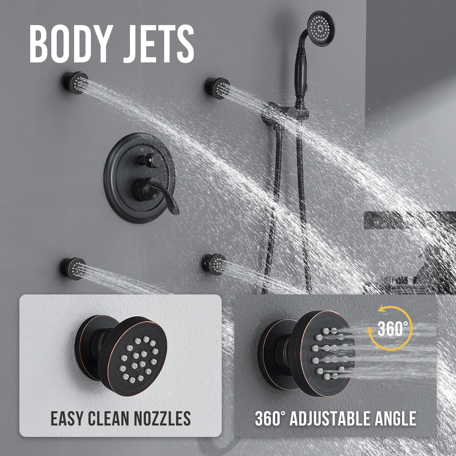 Antique Shower Faucet-Sets Fixtures: 9 inch Wall Rain Head with Handheld Spray and Body Jets, 3 Way Diverter Rough in Valve System included Trim Kit, Oil Rubbed Bronze