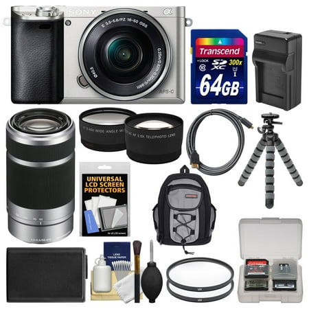 Sony Alpha A6000 Wi-Fi Digital Camera & 16-50mm Lens (Silver) with 55-210mm Lens + 64GB Card + Case + Battery/Charger + Tripod + Kit