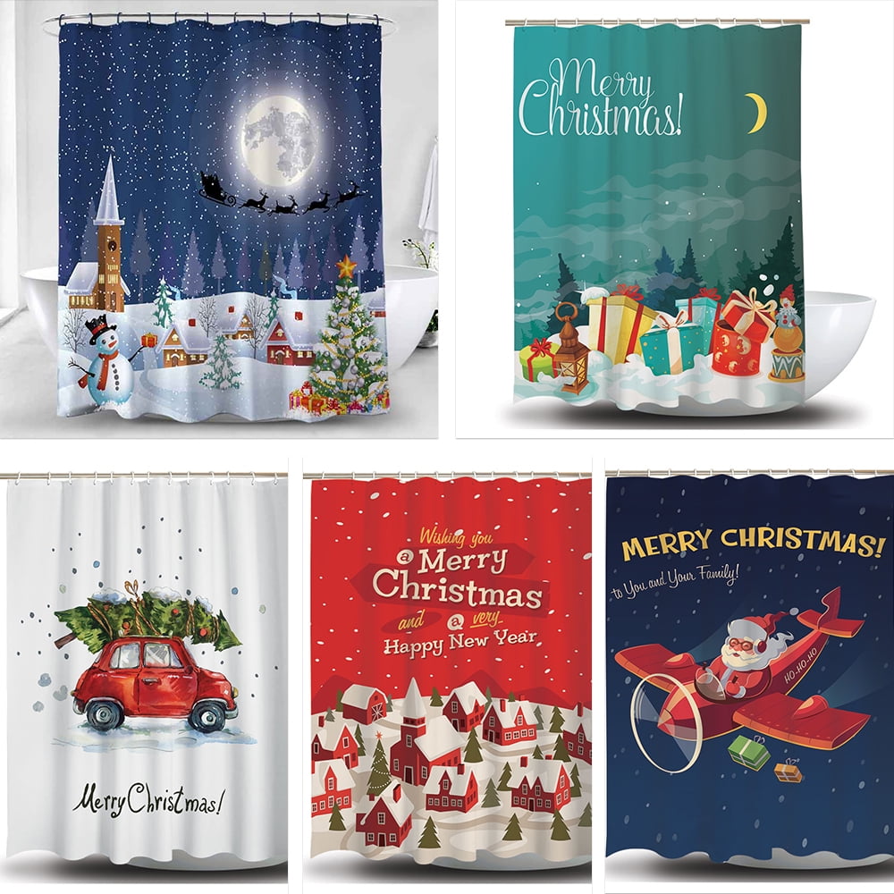 60x72/" Christmas Snow Santa Castle Polyester Waterproof Shower Curtain Hooks Set