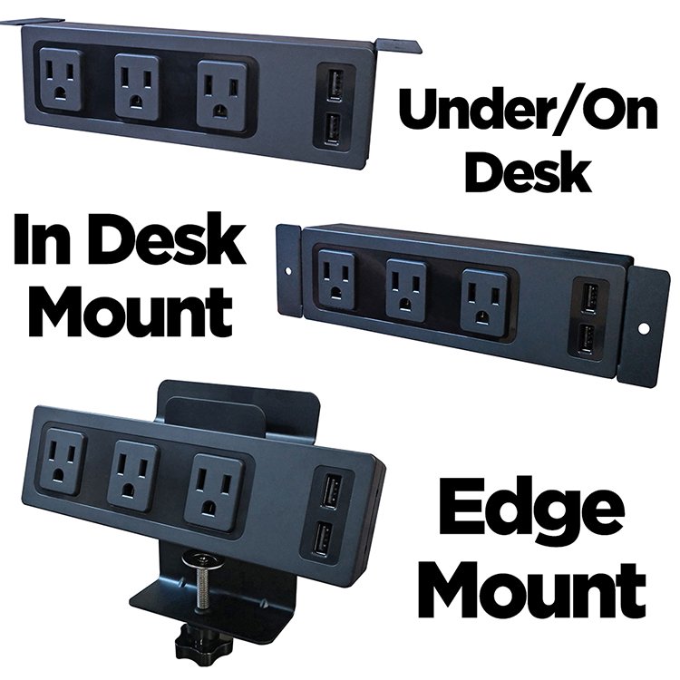 Edge Mount 3 Power Outlet and 2 USB ports Universal Desk Power Center
