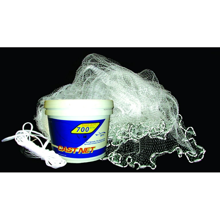 Ahi 700 Pro Series 6 Panel Cast Net 8' Clear Mono 1/2 Mesh, 1.35 Lb Per Ft  Lead Weights, (Pail Container) 