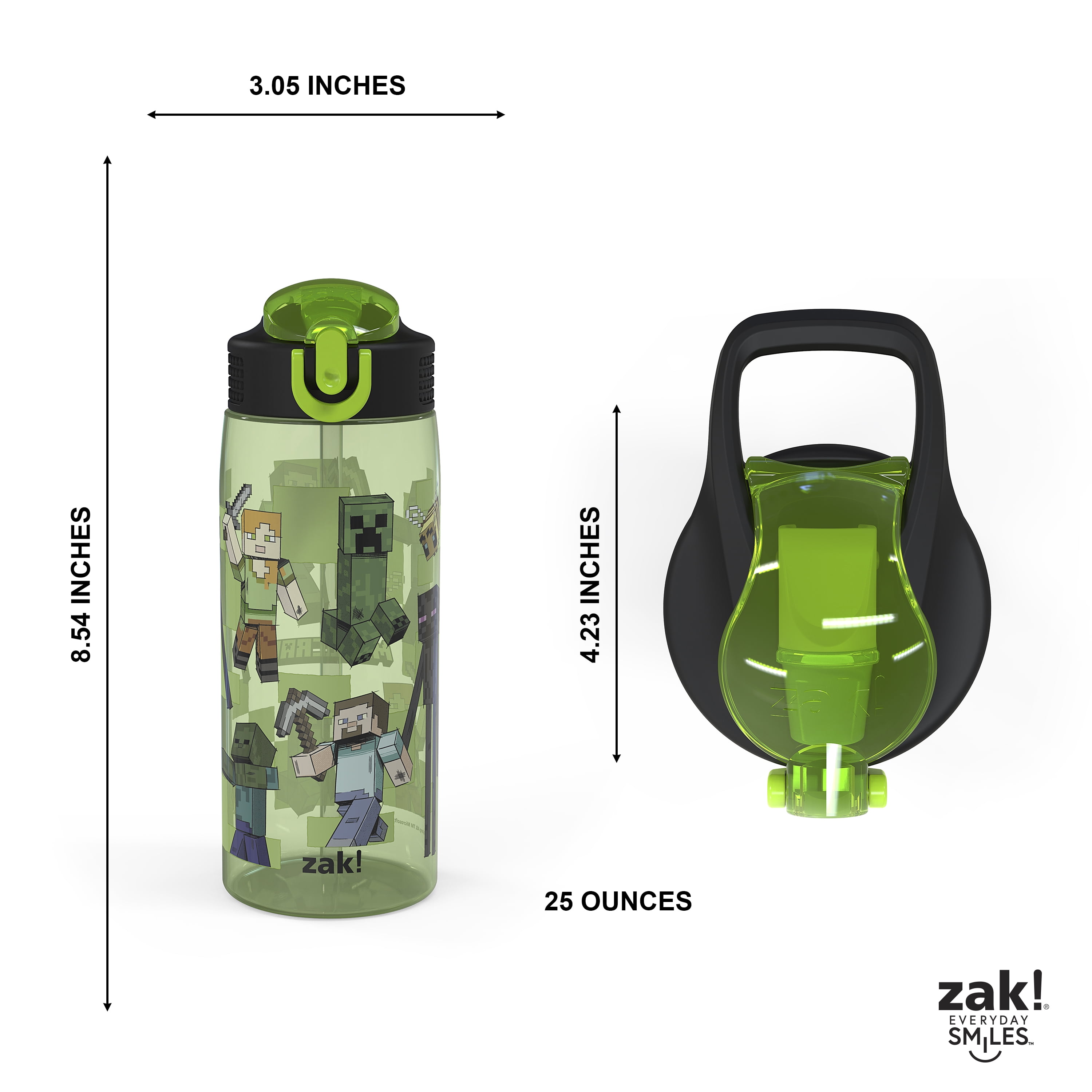 Zak Designs 25oz Minecraft Kids Straw Water Bottle, Durable Plastic Park Bottle with Easy-Open Locking Spout Cover for Travel, Built in Carry Handle