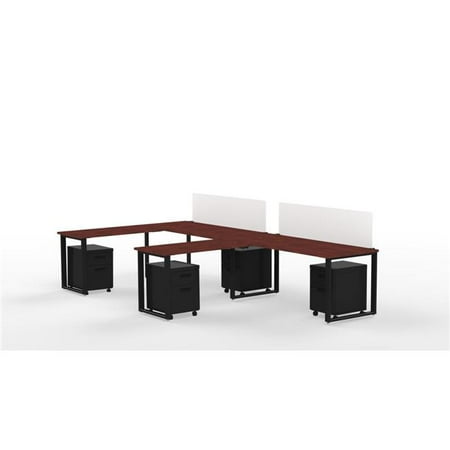 Privacy Finish - Marvel Aire ARTY0012WYBK Benching for Two 72 x 30 in. Desks with 2 - 48 x 24 in. Returns, 2 - Privacy Screens & 4 Mobile Pedestals - Windsor Mahogany Laminate & Black Finish