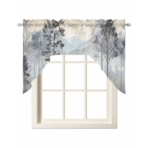 Watercolor Forest Kitchen Curtains Swag Valance for Windows/Bathroom/Cafe, Vintage Mountain Branches Tree Rod Pocket Drape Panel Swag Curtain Valance for Bedroom/Living Room 55''x36''