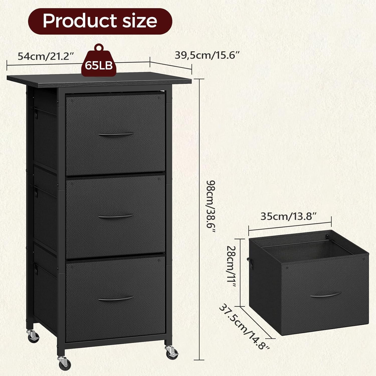 3 Drawer File Cabinet, Vertical Filing Cabinet with Wheels, Printer Stand with Non-Woven Fabric Drawer, Adjustable Hanging Rods, fits A4/Letter Size, for Home Office