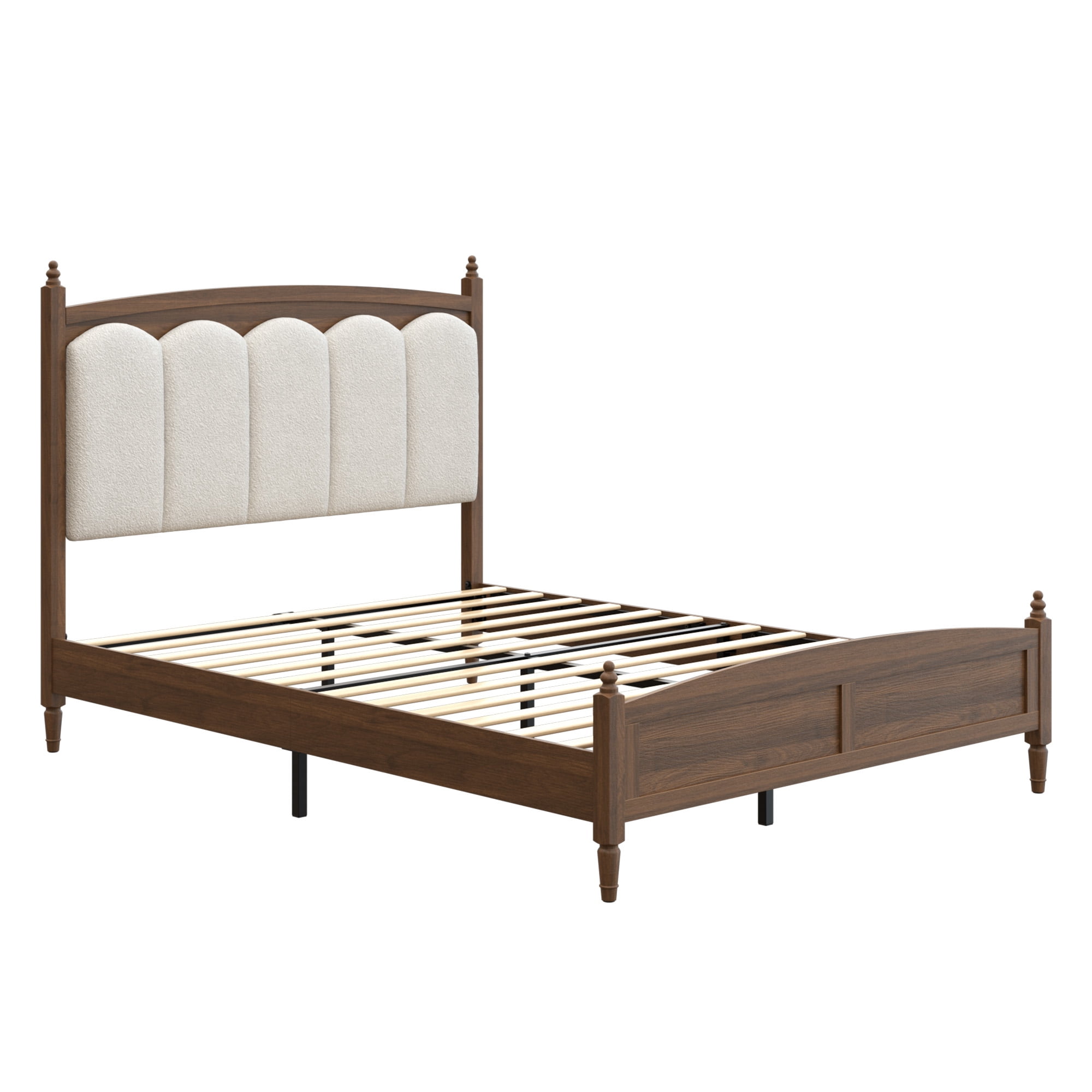 Euroco Queen Size Platform Bed with Upholstery Headboard, Vintage Mid Century Wood Bed, Brown