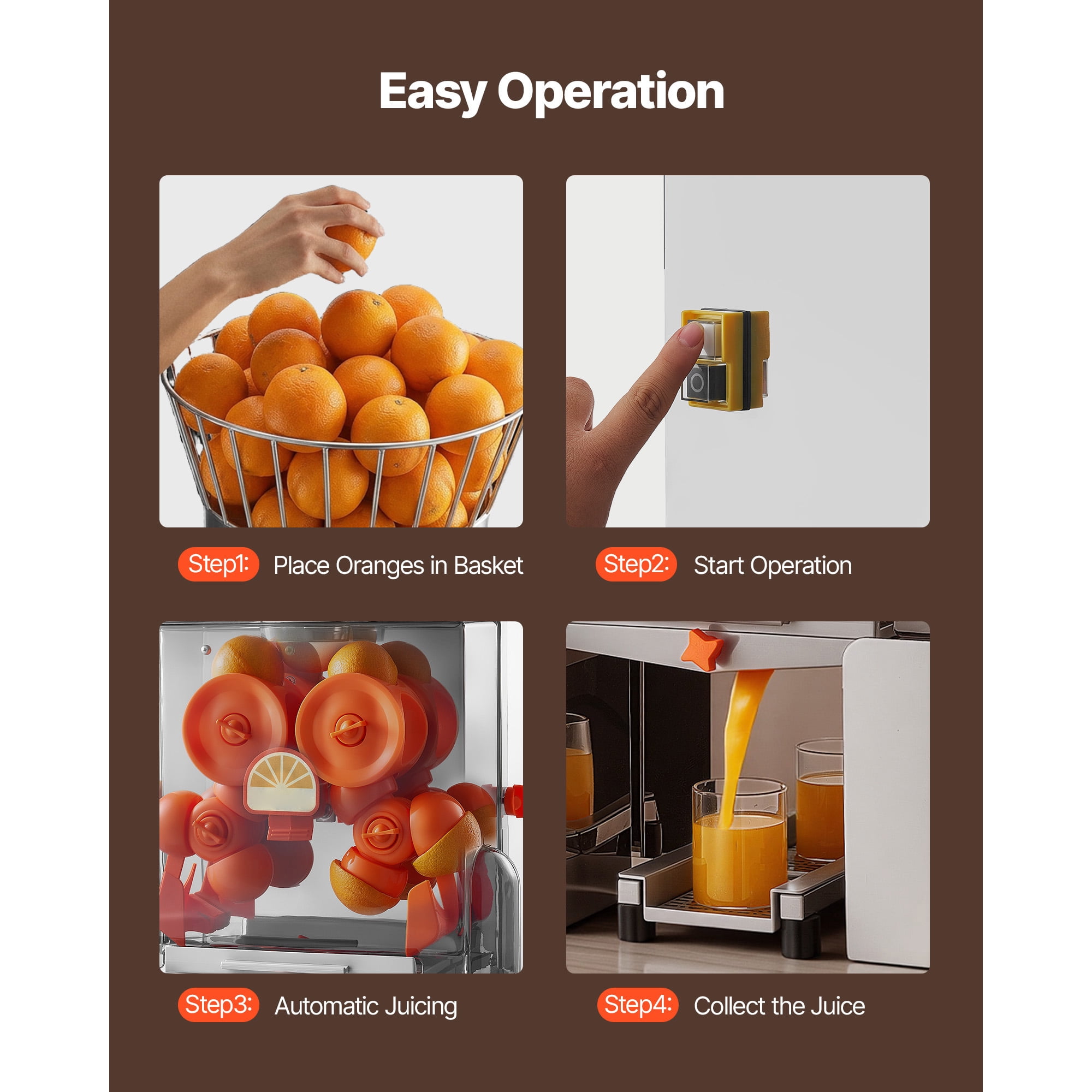 KFFKFF Commercial Orange Juicer Machine, 120W Electric Automatic Citrus Squeezer, Efficient Juice Extractor for 20 Fruits Per Minute, Stainless Steel Design with Peel Collection and Protective Cover