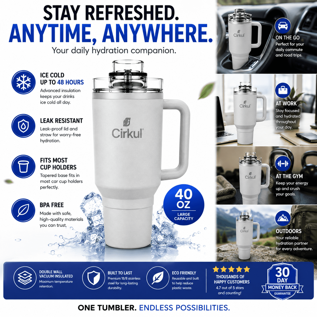 Cirkul 40oz. All-Day StrawSip Tumbler, Double-Wall Insulated Stainless Steel Tumbler with Handle, Light Gray