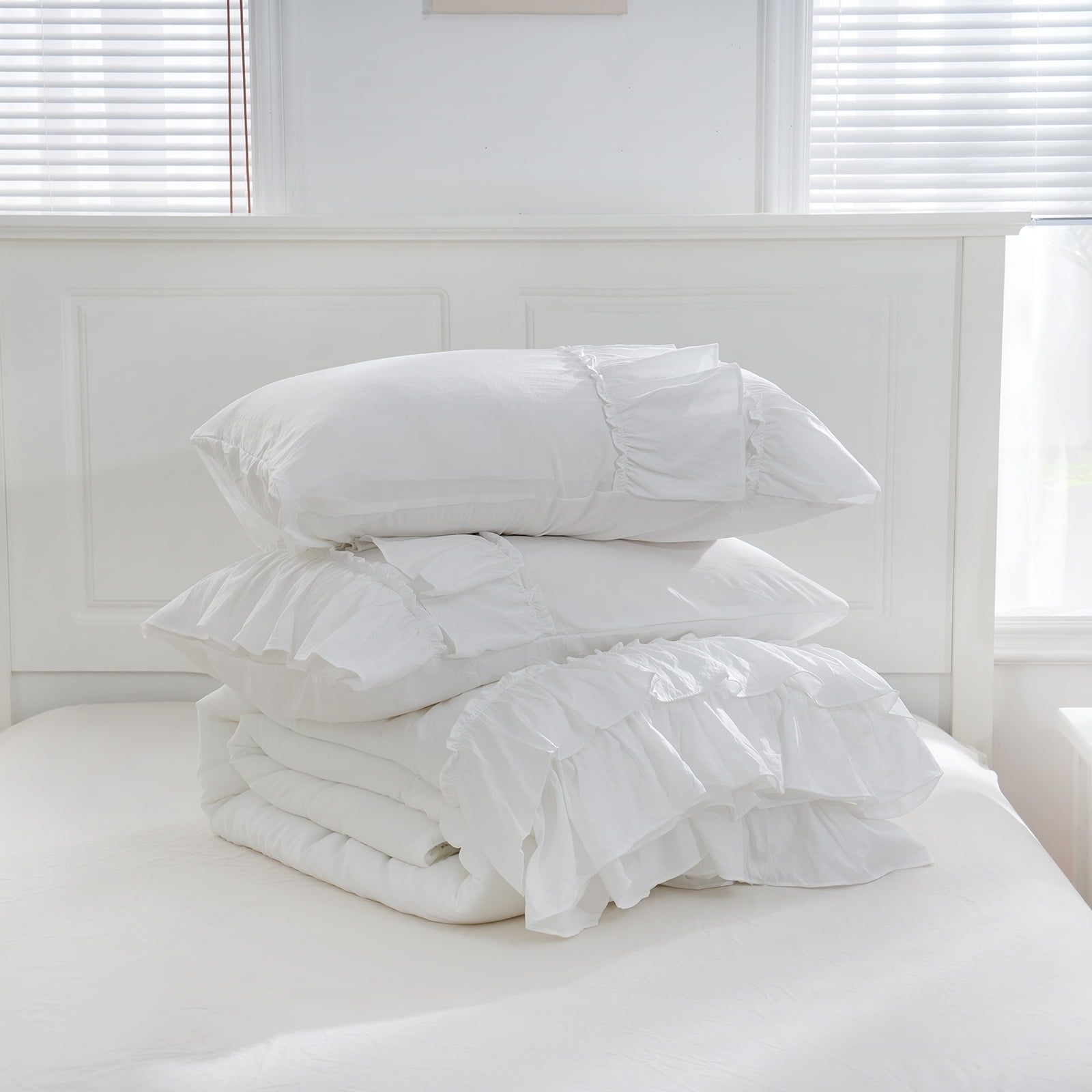 Move Over White Ruffle Comforter Set Queen Boho Bedding Sets 2 Layers White Long Ruffled Pattern Microfiber Filling Farmhouse Duvet
