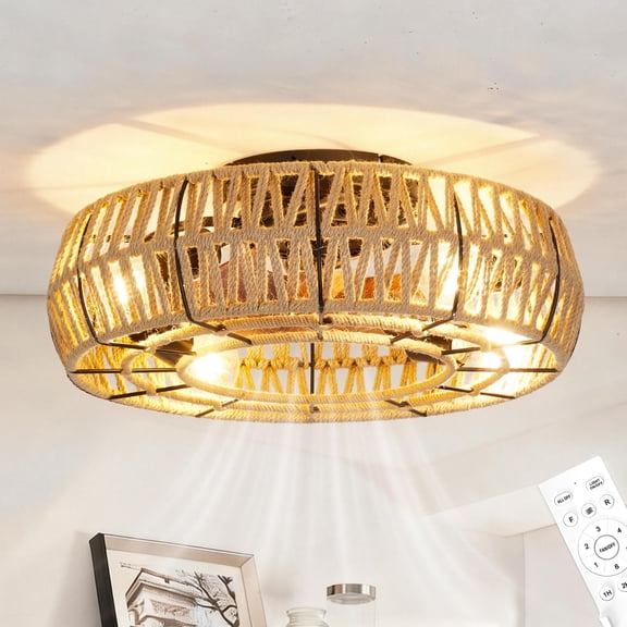 QinaQin 20 in Caged Ceiling Fan with Lights, Boho Flush Mount Low Profile Ceiling Fan Light with Remote Control, Handwoven  Rope, 6 Speed Reversible for Living Room Bedroom Island