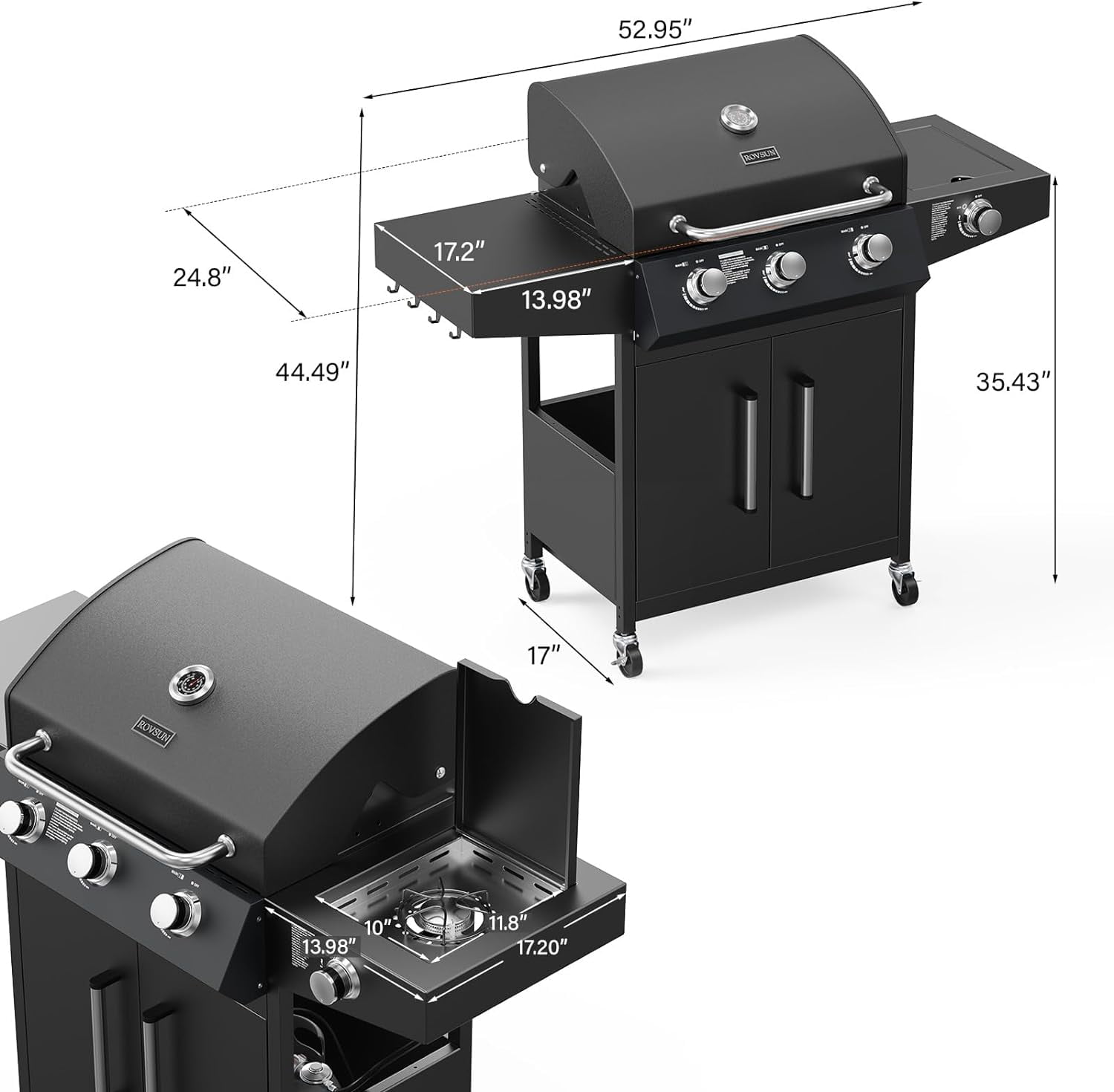 VINGLI 3 Burner Propane Gas Grill with Side Burner, 46,000BTU BBQ Grills with Enameled Cast Iron Grates, Shelf & Cabinet for Outdoor Garden Patio Backyard Barbecue Cooking