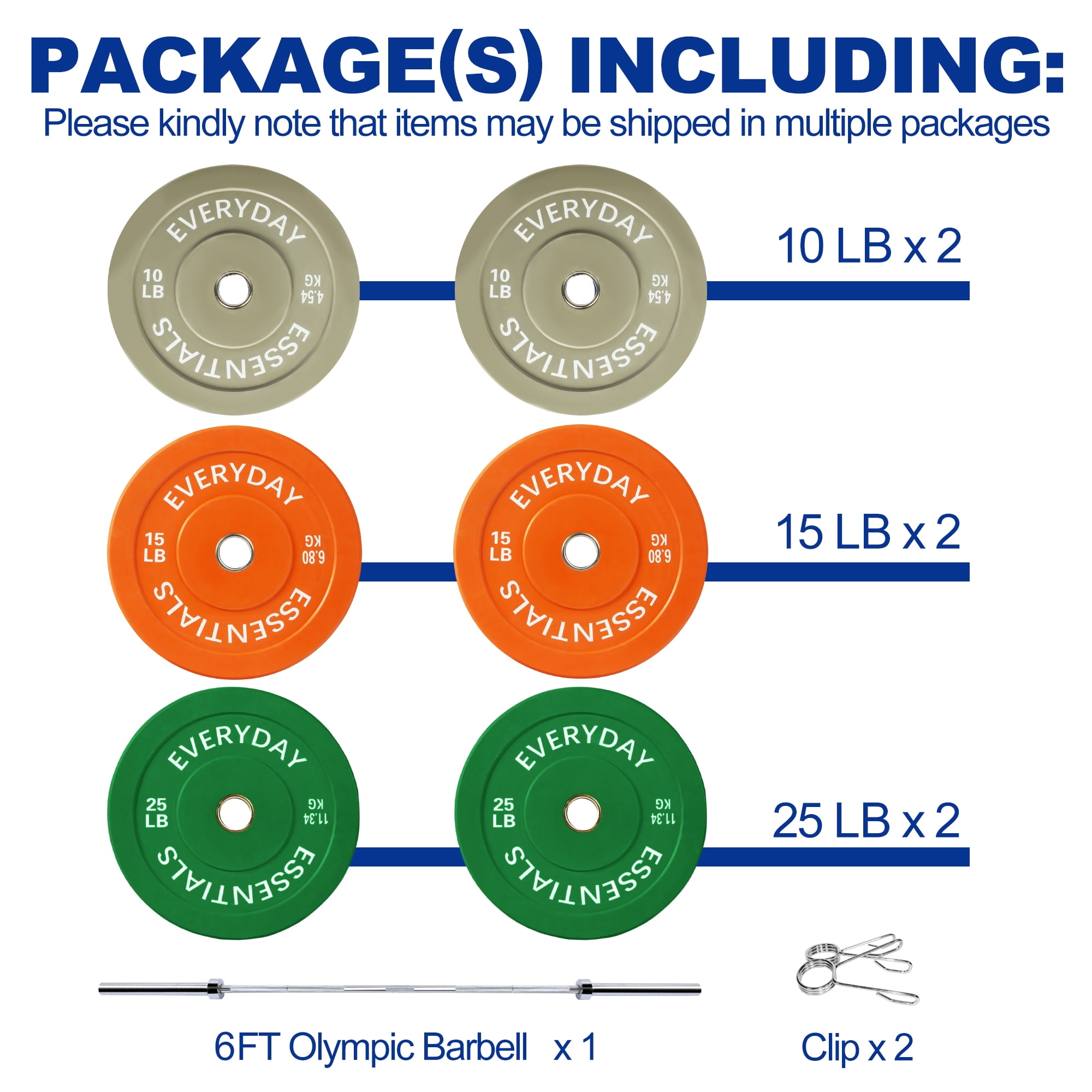 BalanceFrom Olympic Bumper Plate Weight Plate with Steel Hub, Color Coded, 100 lbs Set with 6FT Olympic Barbell and Clips, Multiple Packages