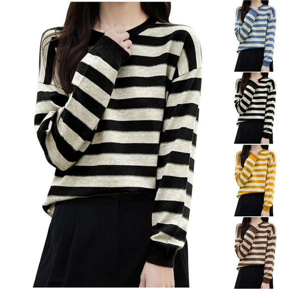 ATOYSOY Women's Striped Pullover Round Neck Sweatshirts Fashion Loose Tops Long Sleeve Tees Fall Winter Outwear Casual Shirts Black L