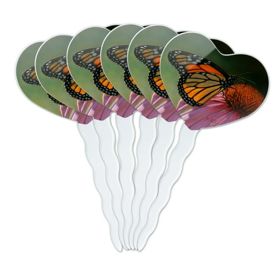 Monarch Butterfly and Coneflower Heart Love Cupcake Picks Toppers Decoration Set of 6