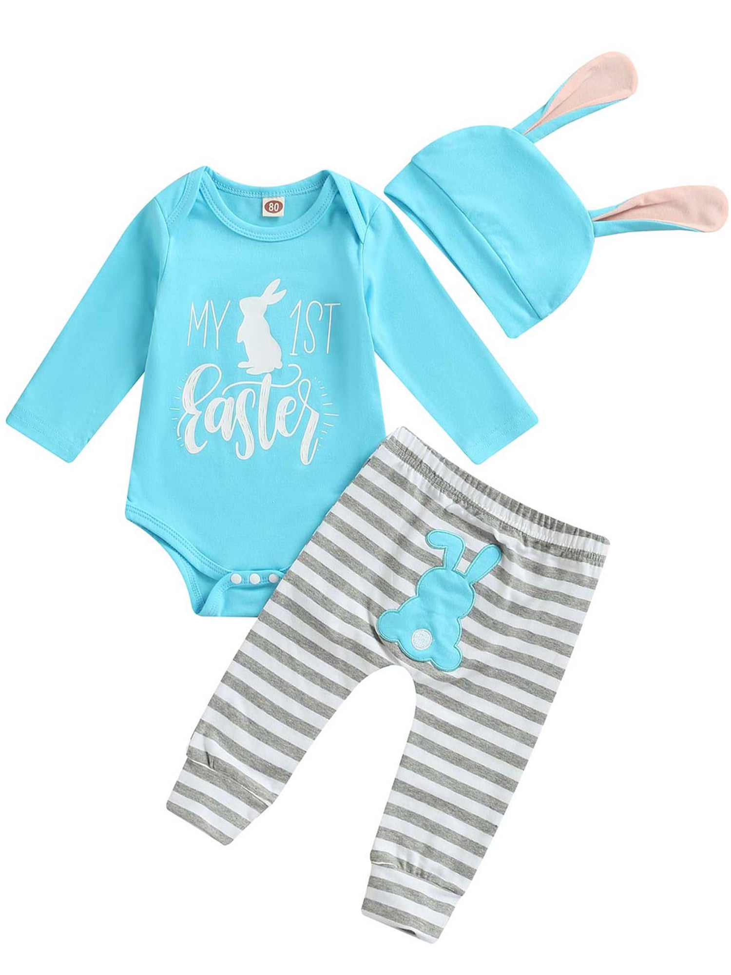 Aunavey Newborn Baby Boy Girl My First Easter Outfits Bunny Romper Pants Rabbit Ears Hat 3pcs