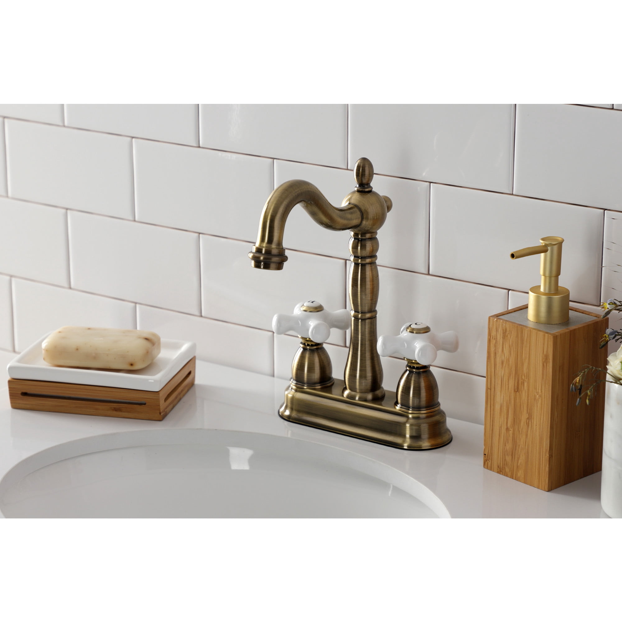 Kingston Brass KB1493PX Heritage Two-Handle 2-Hole Deck Mount Bar Faucet in Antique Brass