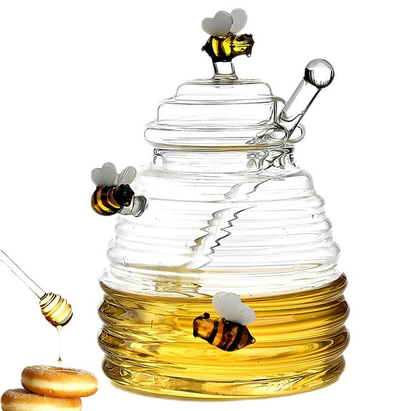 Jokapy Honey Jar Glass Honey Dispenser with Dipper and Lid, 14 oz, Clear