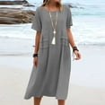 thumbnail image 3 of Lovzfmll Plus Size Womens Summer Dresses Lightweight Short Sleeve Solid Color Round Neck Casual Comfortable Loose Breathable Cotton Linen Sundress Mid-Length Dress Gray C L, 3 of 8