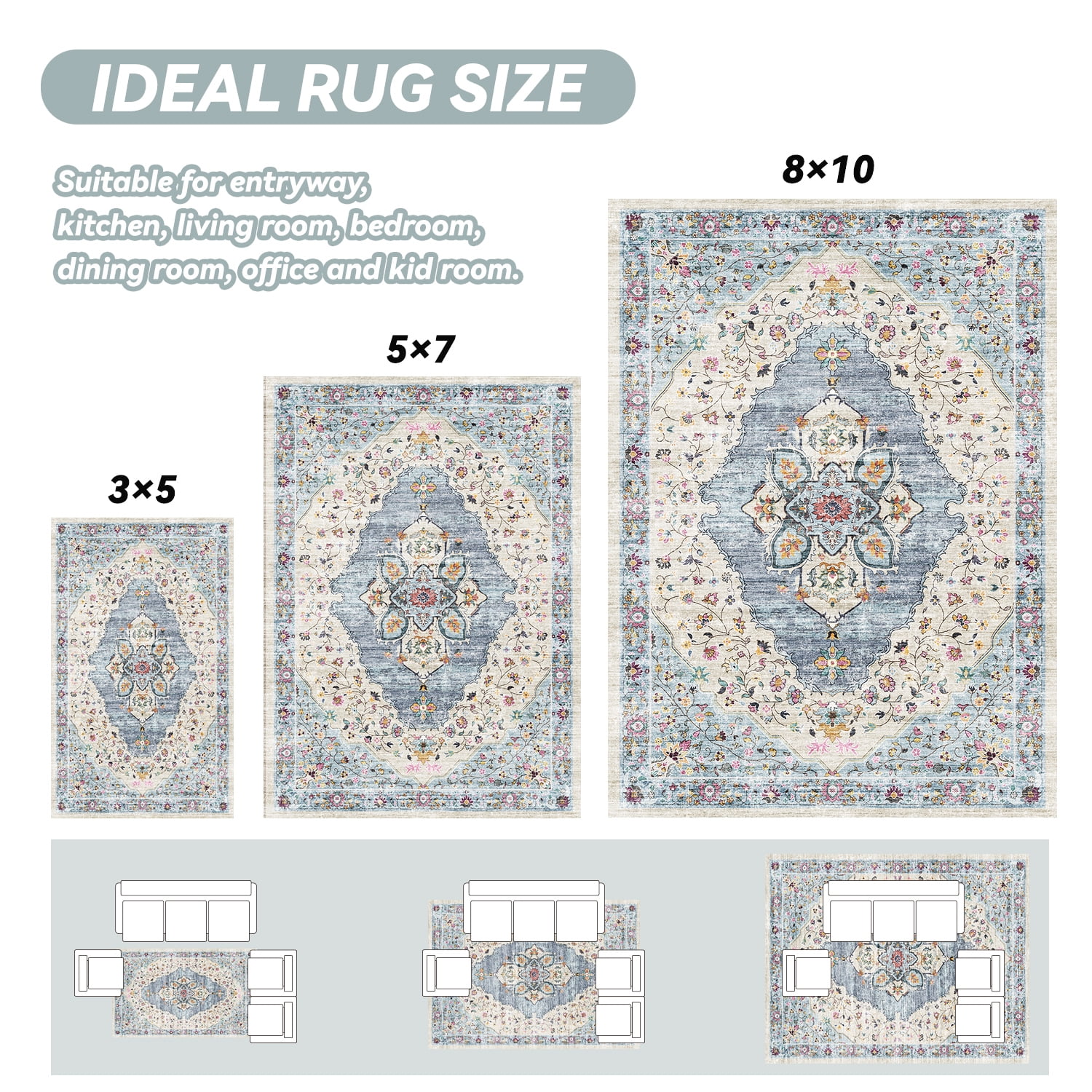 VUNATE 5'x7' Area Rugs for Living Room Washable Rugs Floral Vintage Area Rug Botanical Indoor Carpet Soft Rugs for Bedroom Office Dining Room Kitchen Accent Rug Contemporary Home Decor Blue
