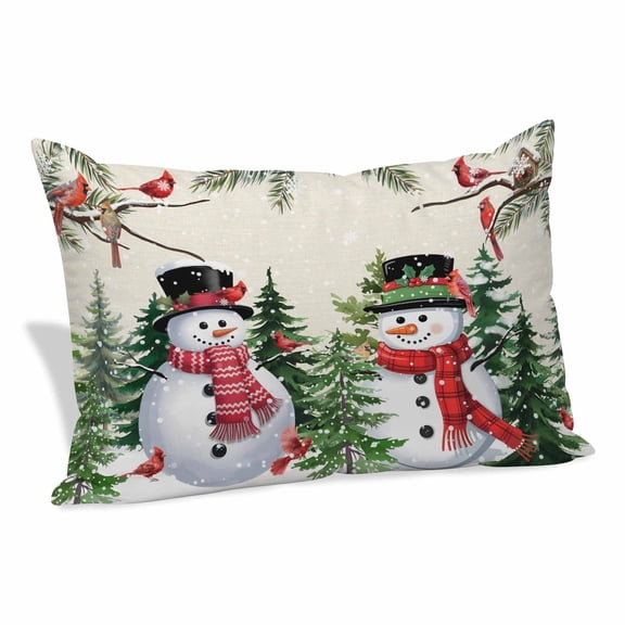 Beige Snowman Christmas Pillow Covers, Linen Long Throw Pillow Case, Xmas Tree Snowflake Winter Birds Holiday Pillow Protector Decorative Cushion Cover for Living Room/Bedroom 20" x 26"