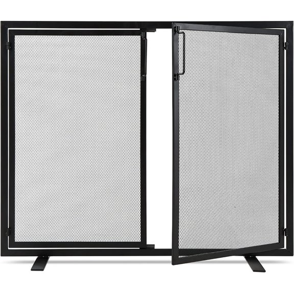 38.5x31in 2-Door Fireplace Screen, Handcrafted Wrought Iron Decorative Mesh Geometric Fire Spark Guard w/Magnetic Panels - Black