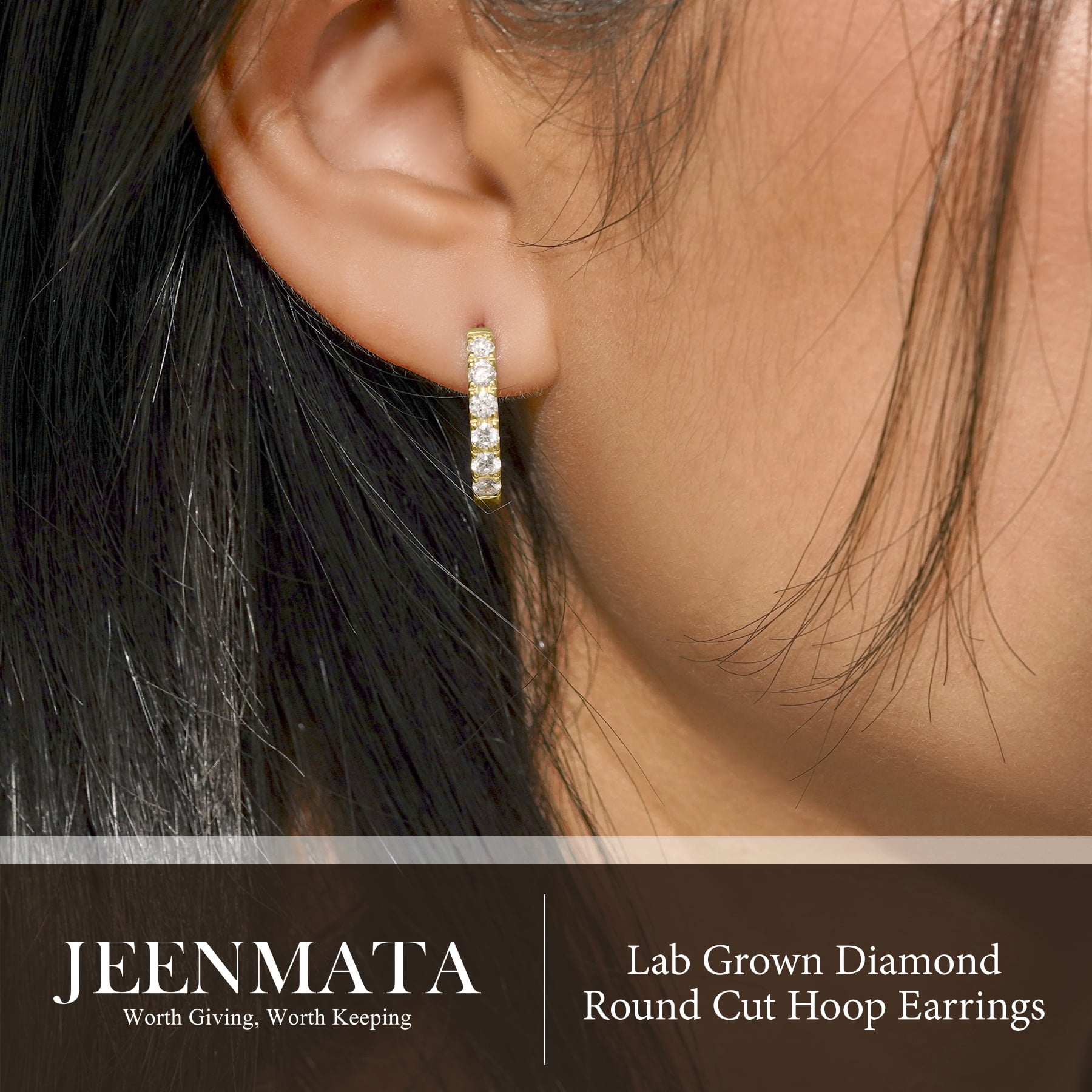 JeenMata Lab Grown Diamond Hoop Earrings - Round Cut Classic Hoop Earrings for Everyday Jewelry - Yellow Gold Plating