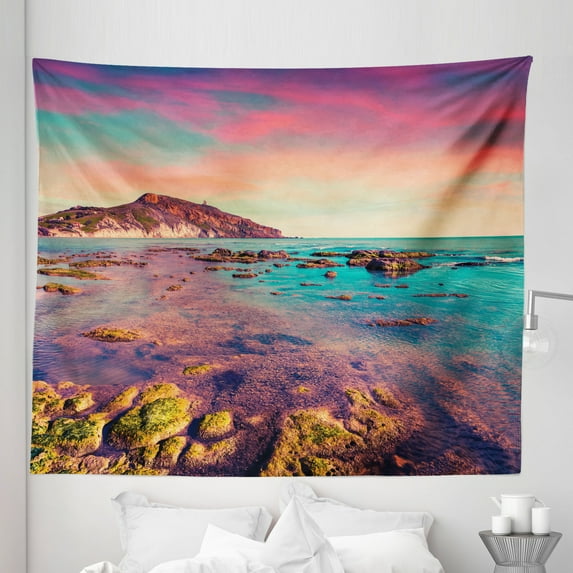 Beach Tapestry, Colorful Spring Season Bay Ocean Aquatic Waters Reef Rocks Sunset Scenery, Fabric Wall Hanging Decor for Bedroom Living Room Dorm, 5 Sizes, Coral and Multicolor, by Ambesonne