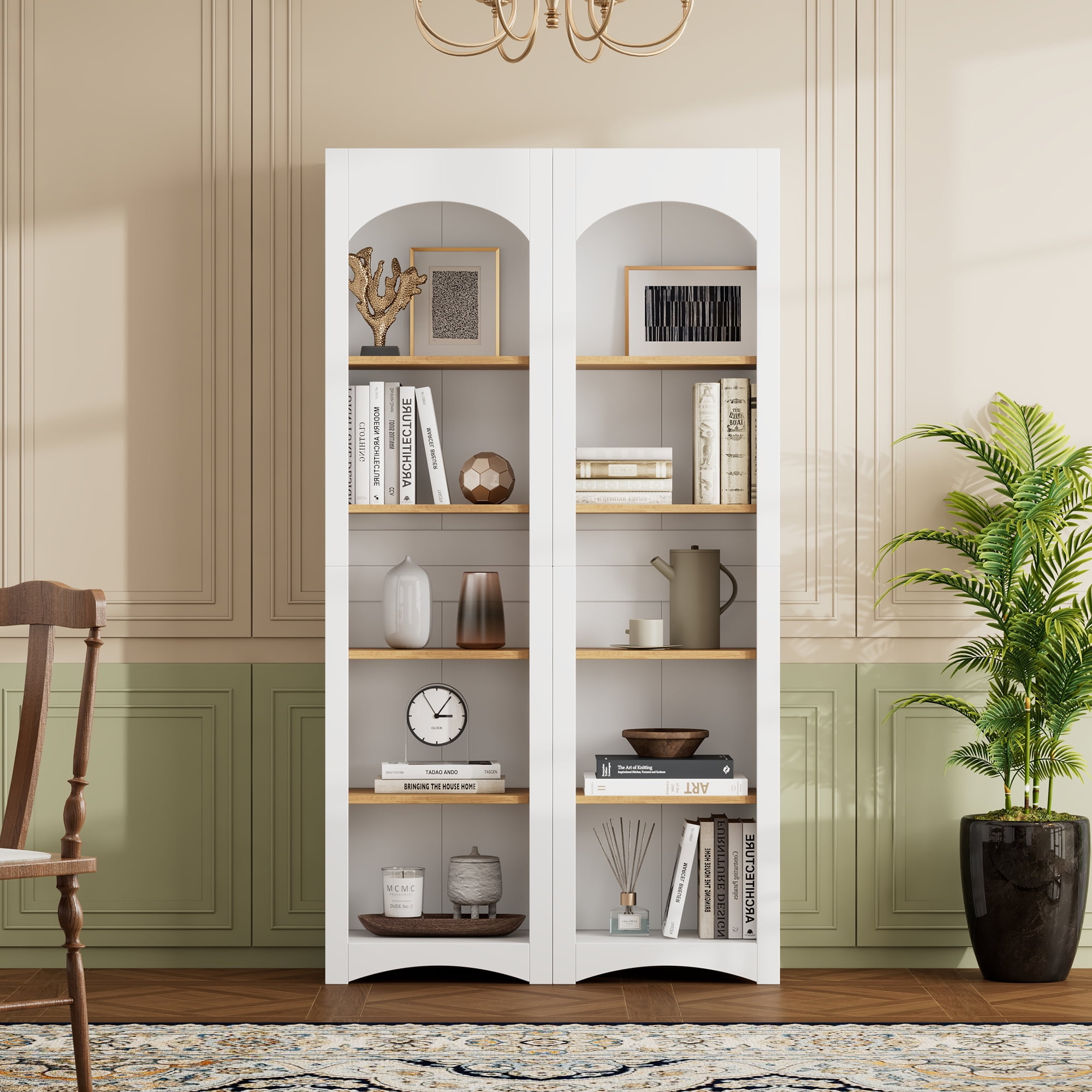 Leumius 5 Tier Bookcases Display Shelf with Adjustable Shelf,72" Tall Farmhouse Kitchen Pantry Cabinet for Living Room, Home Office, White