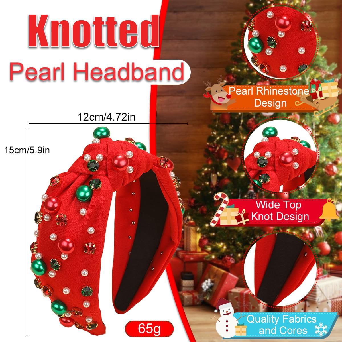 Christmas Headband for Women, Xmas Pearl Knotted Rhinestone 