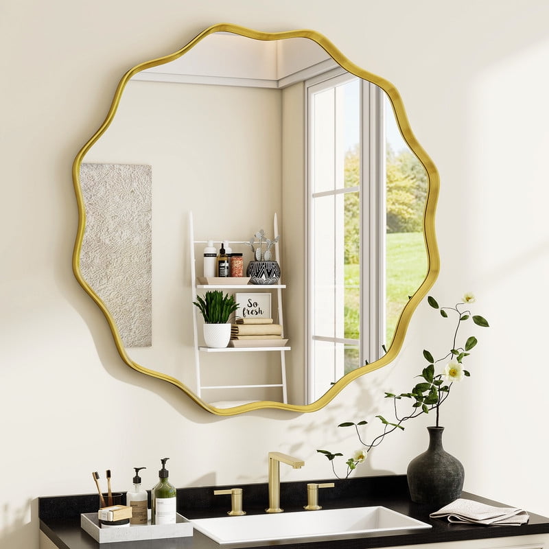 Easy4Home 29" Wavy Round Decorative Mirror With Deep Frame, Gold