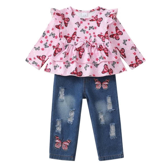 KIMI BEAR 2T Toddler Girls Winter Outfits 3T Kids Casual Clothes Set Ruffle Long Sleeves Pullover Top Butterfly Print Tops Ripped Jeans Denim Pants Set 2pcs Clothing Pink