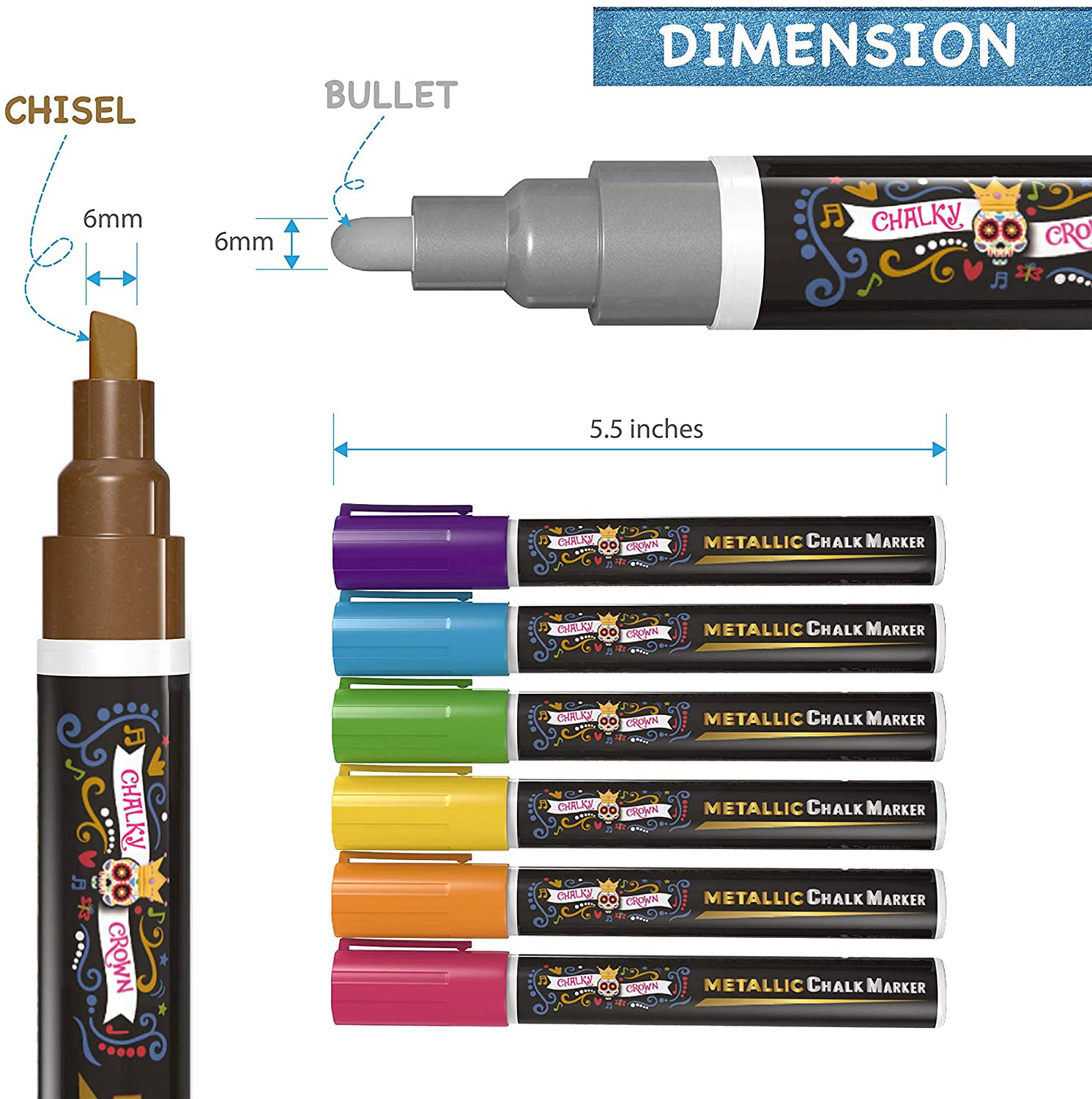 Jennakate - 8 Pack Dry Erase Liquid Chalk Markers - 6mm Reversible Tip (Bullet & Chisel Tip)