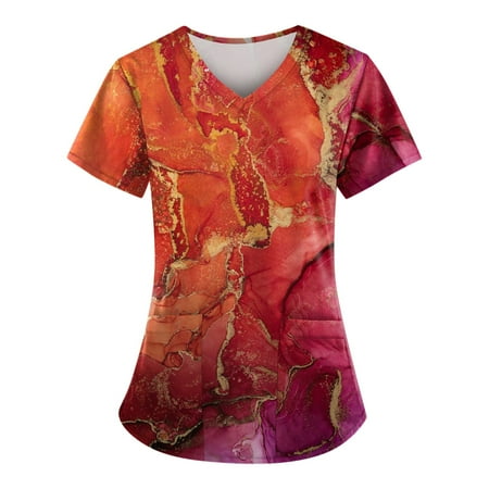 

Sksloeg Womens Scrub Tops Stretchy Marble Printed Top Comfort Scrubs Women s V-Neck Workwear Shirts Nursing Working Uniform Hot Pink L