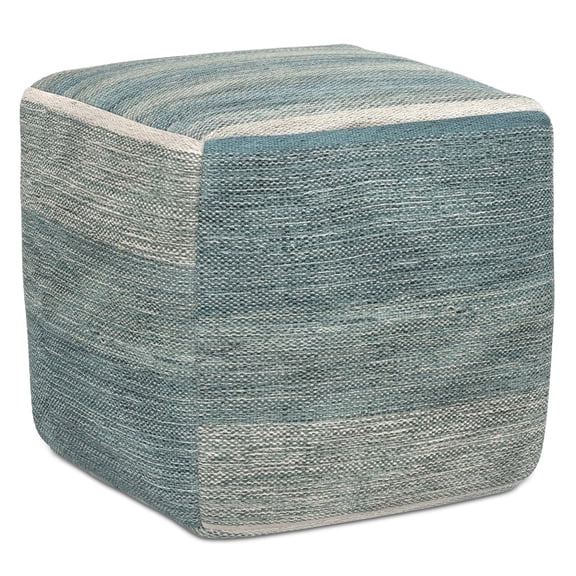 Simpli Home Naya 16 inch Wide Boho Cube Pouf in Blue Melange Handwoven Cotton