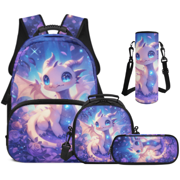 Binienty 4 Piece Kids Backpack Set for Students, Lunch Box Bag, Pencil Case, Water Bottle Sleeve with Anti-Scratch Polyester Fabric, Large Capacity for School