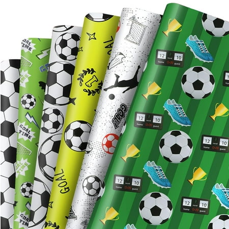 12 Sheets Football PresNok Wrapping Paper - Soccer Themed Gift Wrap for Birthday, Sports Events - Soccer balls, Sneakers, Trophies Print Wrapping Paper for Fans & Parties, 19.7"x27.6"