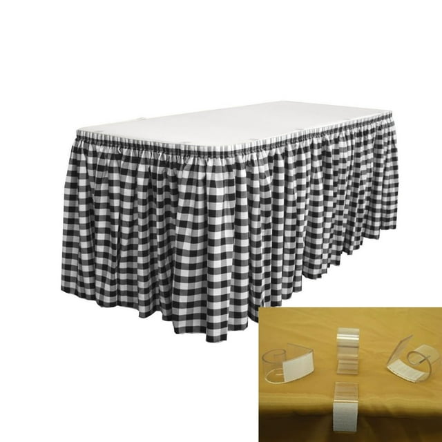 LA Linen LA Linen Polyester Gingham Checkered Table Skirt 14-Foot by 29-Inch Long with 10 L-Clips, White and Black